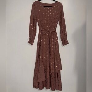 Blush Pink Long Sleeve Maxi Dress with Gold Accents and removable sash size L-G